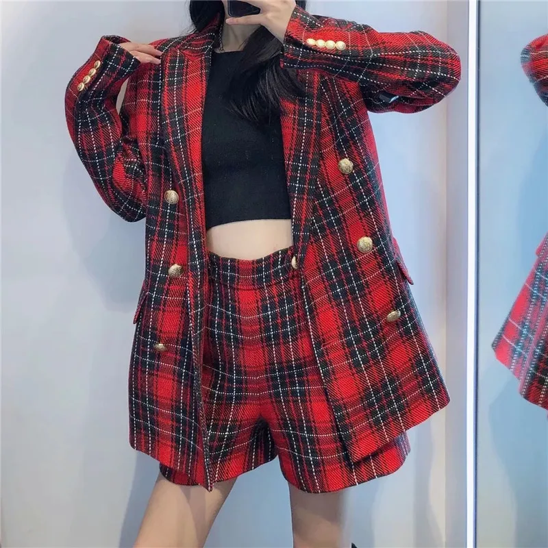 

PSEEWE Za Bermuda High Waist Short Women Red Tweed Plaid Woman Shorts 2021 Vintage Buttoned Side Zip A-Line Office Casual Shorts