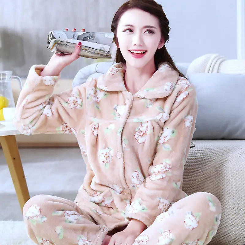 Kapok pijamas women Пижама женская зимняя фланелевая теплая однотонная Пижама женская толстая Коралловая флисовая Пижама женская длинная Пижама больших размеров для женщин - Цвет: Kapok pijamas women