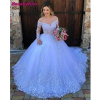 white princess ball gown wedding dress 2020 lace appliques long sleeves wedding gowns plus size robe de mariee