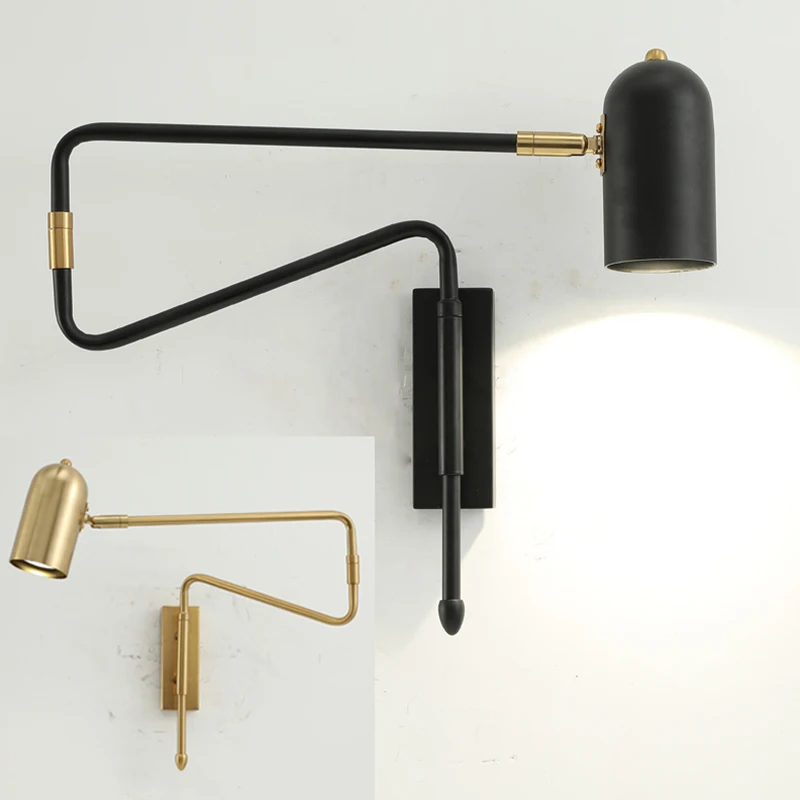 

Industrial Adjustable Long-Arm retractable wall lamp Creative with switch Reading Bedside E27 lights Fexible Folding Black Gold