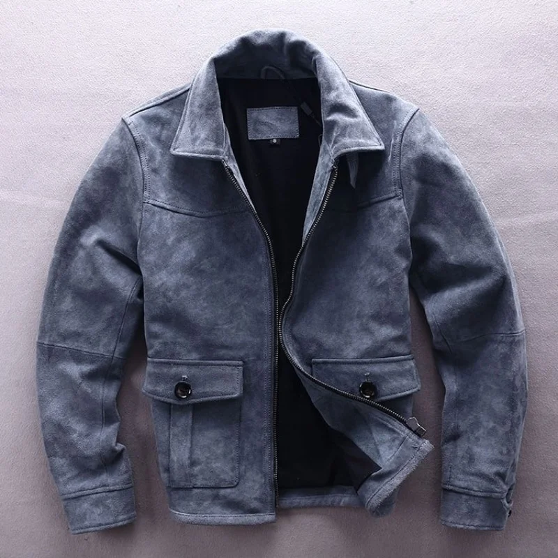 

Fancy men's jacket with a short suede jacket, biker's jacket with a lapel, fine, in autumn, vintage, long-sleeved garment, gray