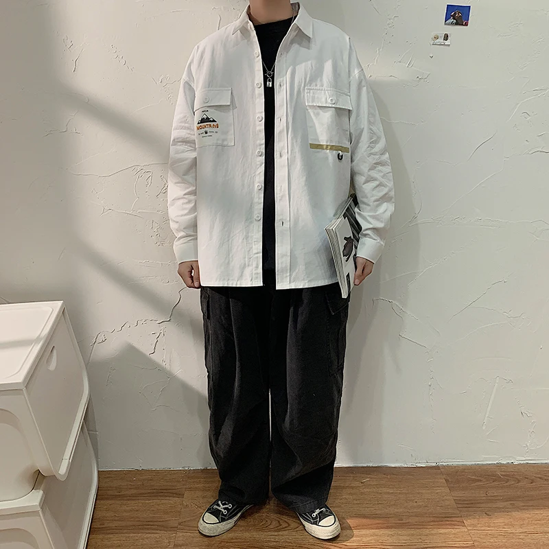 

Hong Kong style retro Art double-pocket long-sleeve Shirt male youth large loose solid color 100% cotton patchwork shirt for men