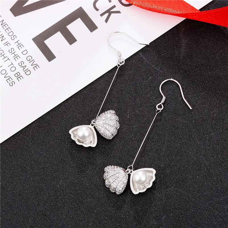 

Trend New Style Shell Pearl Long Style Earring CZ Shining Zircon Charm Girl Drop Earring Bohemian Style Lady Daily Match Jewelry