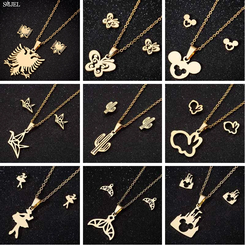 

Smjel Stainless Steel Jewelry Sets Albanian Eagle Stud Earrings for Women Girls Tree Ballet Cactus Chain Necklaces Collier