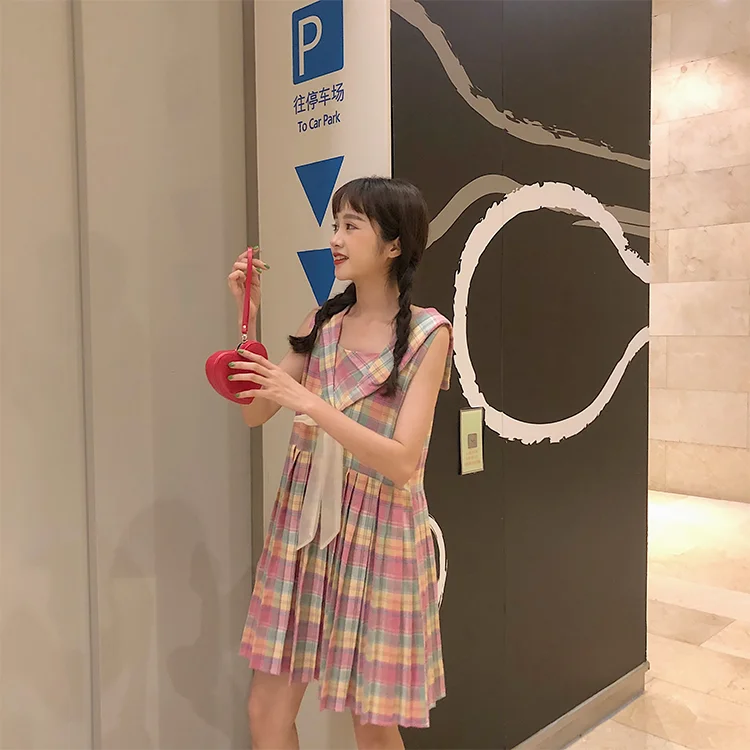 Корейский стиль преппи сладкий красота платье женщина Радуга плед матросский