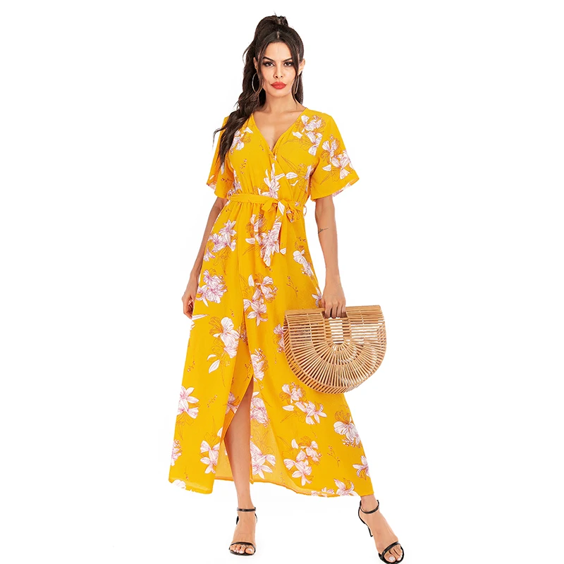 

2020 new women's dress fashion sexy women's dress v-neck summer chiffon new thin yellow floral dress