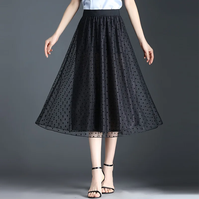 

2021 Summer New A-line Mesh Black Skirt for Women Elegant Fashion Elastic High Waist Loose Big Swing Casual Long Dot Skirts 2075