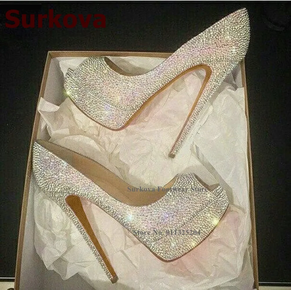 Surkova Bling Bling Silver Crystal Wedding Shoes Thin High Heel Open Toe Platform Dress Pumps Shallow Cut Evening Heels Size43