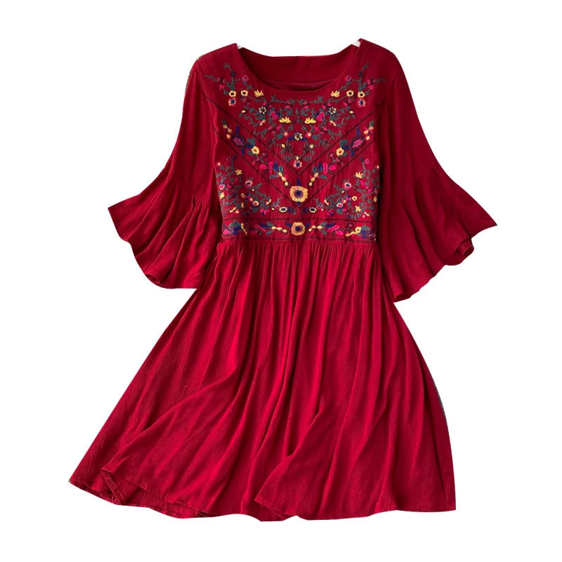 

Retro Ethnic Style Machine Embroidery Dress for Women 2020 New Small Trendy Trumpet Sleeve Vacation Skirt Short Skirt