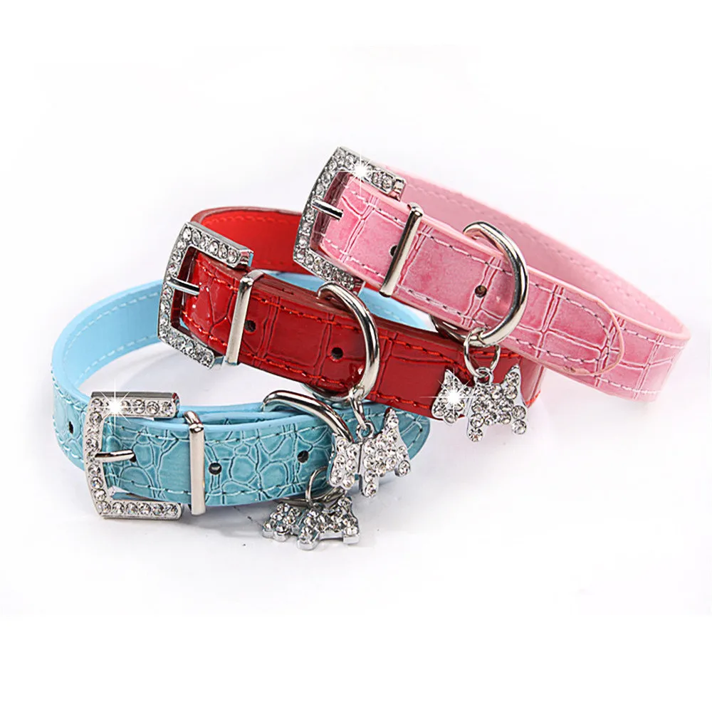 

PU Leather Dog Collar For Small Dogs Bling Rhinestone Chain Pinch Collar For Dogs Leash Pet Accessories