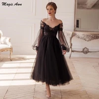 magic awn black long puff sleeves prom dresses illusion o neck lace appliques tulle homecoming gowns ankle length evening gowns