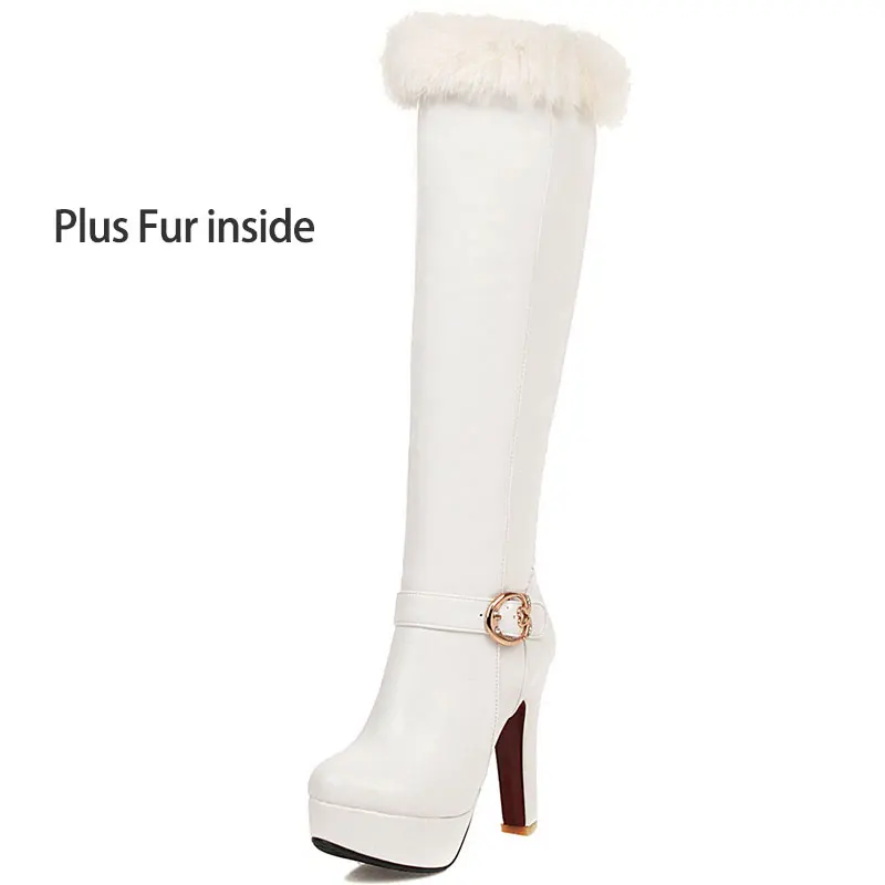 plus fur white Lasyarrow/женские сапоги до колена; женские зимние сапоги с Плюшевым Мехом; Botas; модная теплая зимняя женская обувь на платформе с пряжкой - Цвет: plus fur white