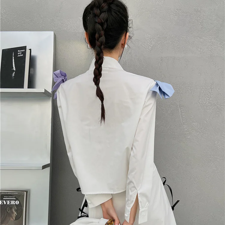 

Kimotimo Woman Shirt 2021 Spring Retro Spliced Tops Ins Blue-purple Contrast Bowknot Design Fashion All-match Office Lady femme