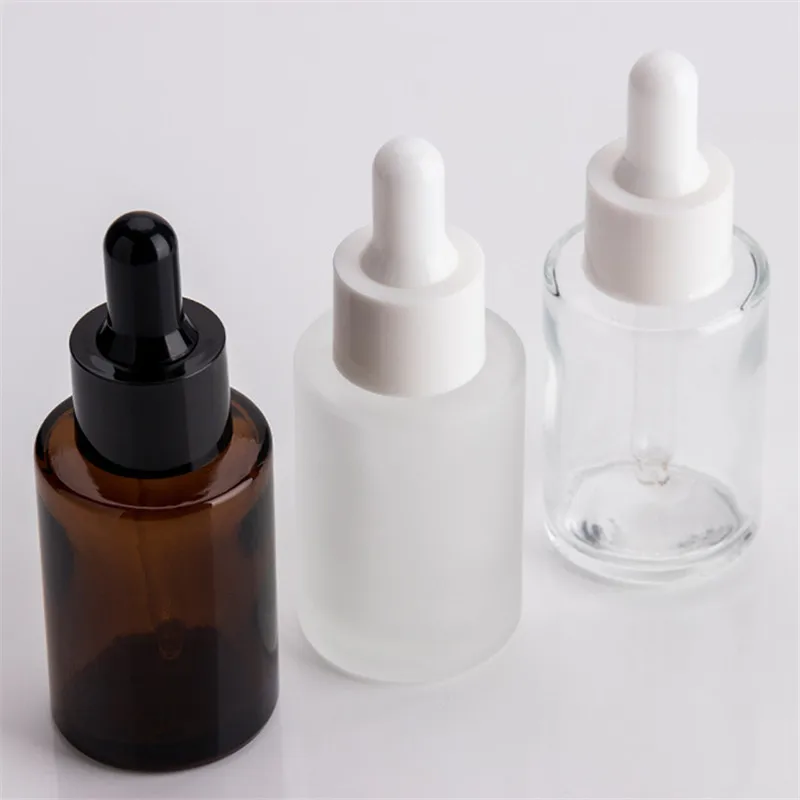 

80pcs 30ml flat shoulder frosted clear glass dropper bottle with white lid 1oz amber clear glass serum bottle gold cap