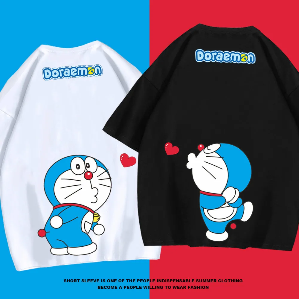 Doraemon Kiss/Милая футболка для пар японский аниме унисекс черный Свободный Топ с