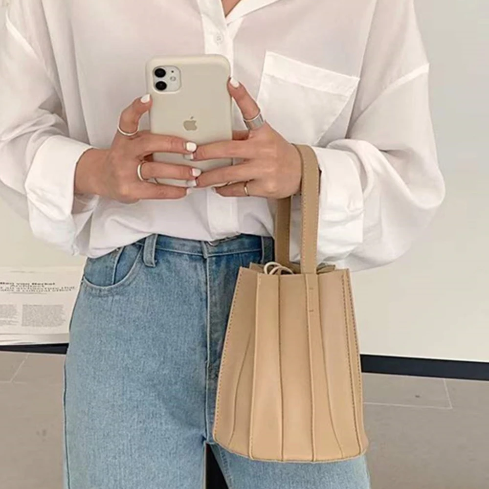 

Pleated Design Small PU Leather Bucket Bags For Women Solid Color Fashion Branded Totes Ladies Drawstring Shoulder Handbags