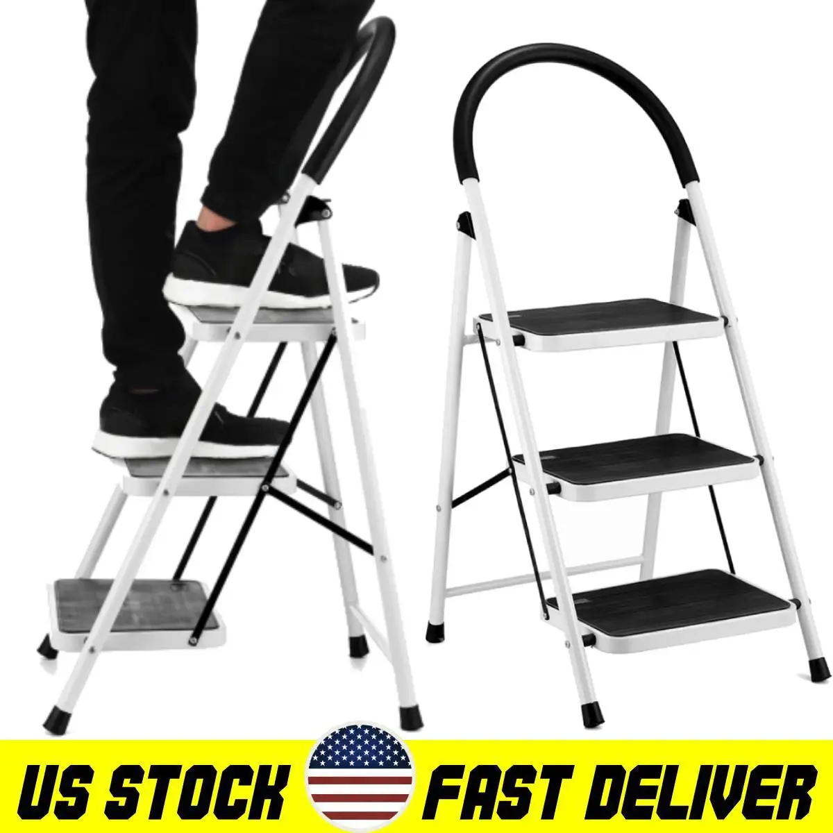Home 3 Step Ladder Folding Step Stool with Rubber Handgrip Wide Anti-Slip Pedal Sturdy Steel Ladder for Household Kitchen US