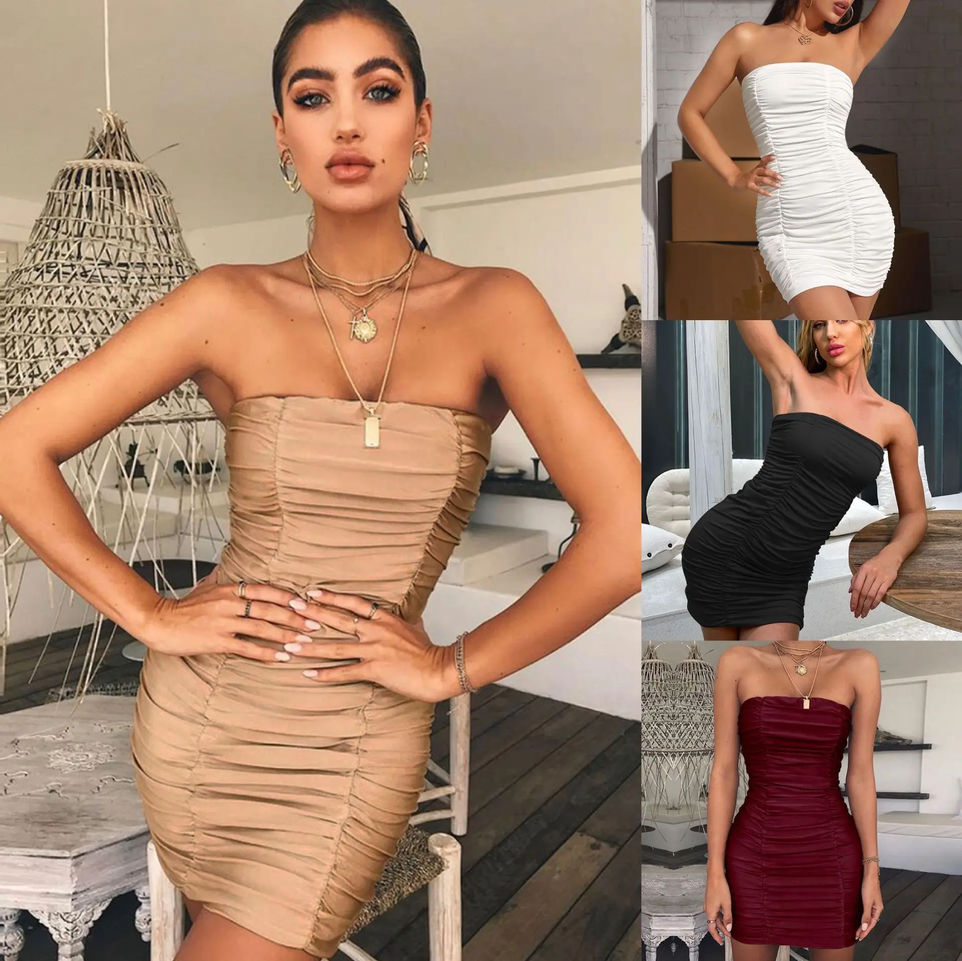 

Bodycon Party Dress For New Year Women Strapless Sexy Backless Ruched Mini Dresses Party Vacation Beach Club Night Outfits