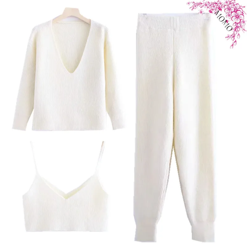 

2021 autumn new style homemade deep v-neck thick sweater + camisole top + knitted pants and trousers women's suit