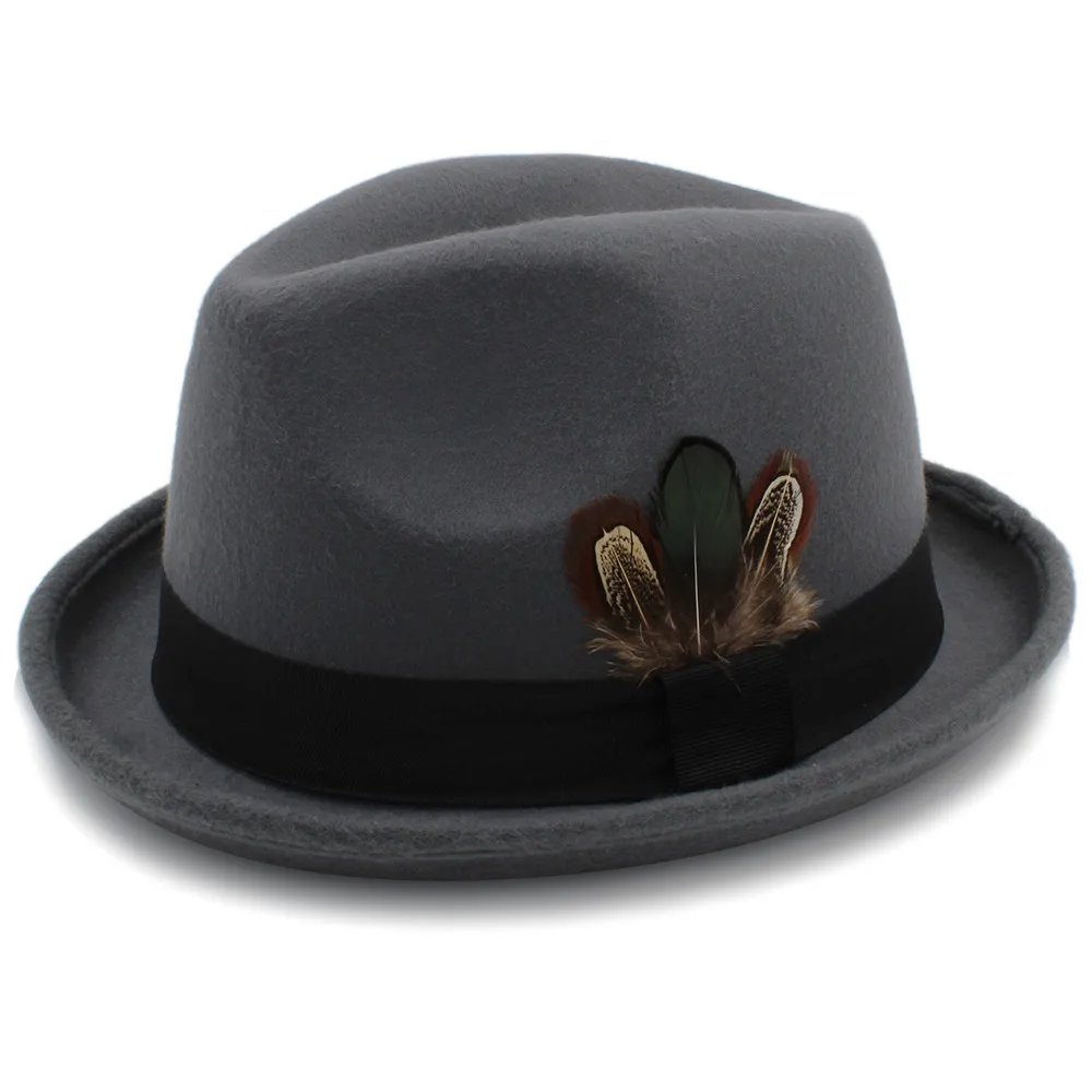 

Men Wool Fedora Hats for Dad Dad Roll Up Brim Feather Decorative Church Hat Male Jazz Cap Panama Hat