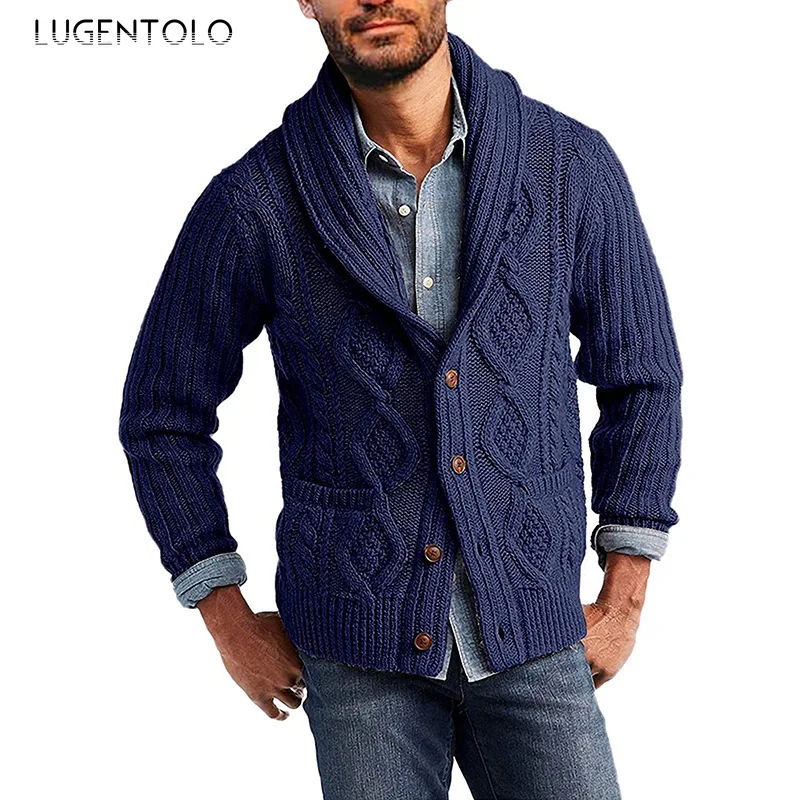 

Мужской однотонный вязаный кардиган с лацканами, однобортный простой уличный свитер с карманами и длинными рукавами, осень