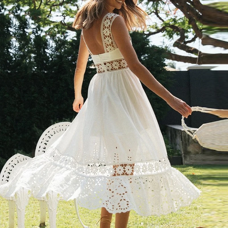 Ardm-Vestido Midi blanco con tirantes bordados para mujer, elegante Vestido de encaje de cintura alta, Vintage, primavera y verano
