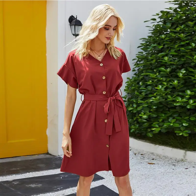 

New style hot style women's dress V-neck lotus leaf sleeve belt dress summer GRAY22