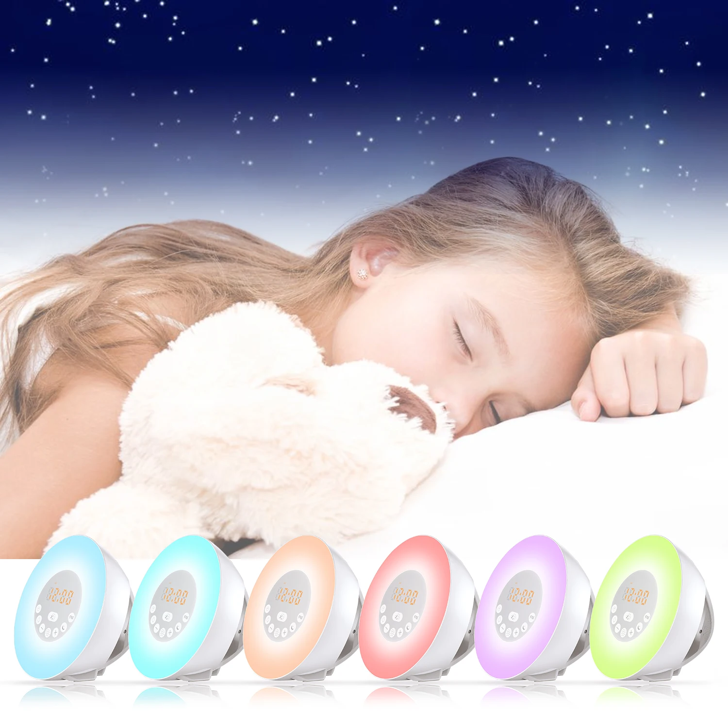 

Sunrise Sunset Simulation 10 Brightness Radio Bedside Atomosphere Light Sleep Aid 7 Colors Smart Wake Up Light Alarm Clock