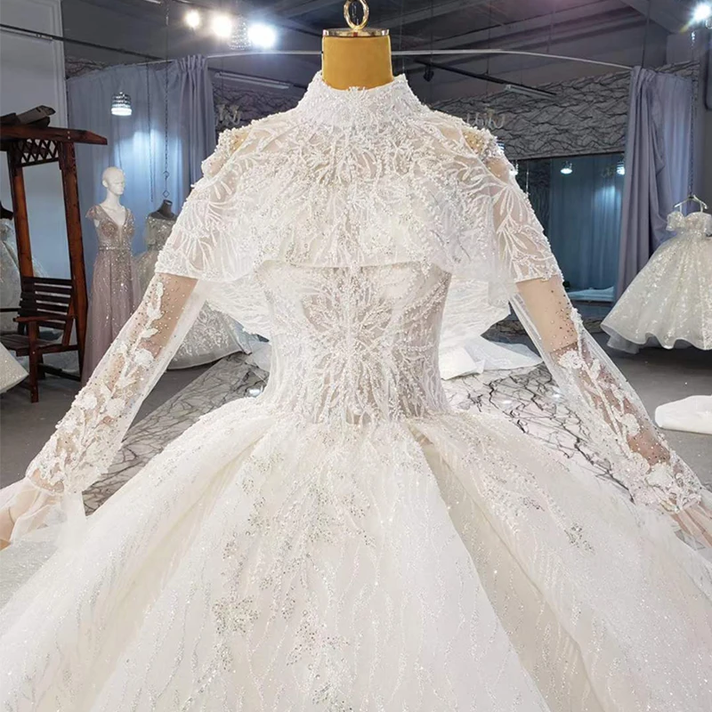 HTL2050 Detachable Shawl Luxurious High Neck Crystal Beading Sequined Wedding Dress 2021 For Woman Ball Gowns
