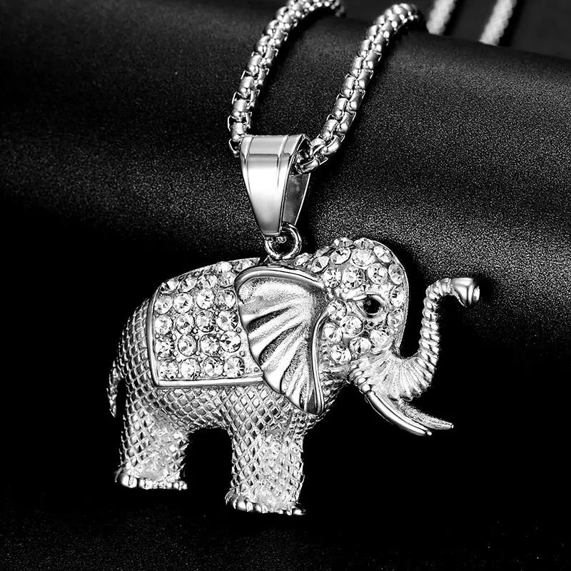 

European And American Original Explosion Exaggerated Stainless Steel Gold-plated Diamond Inlaid Elephant Men's Necklace