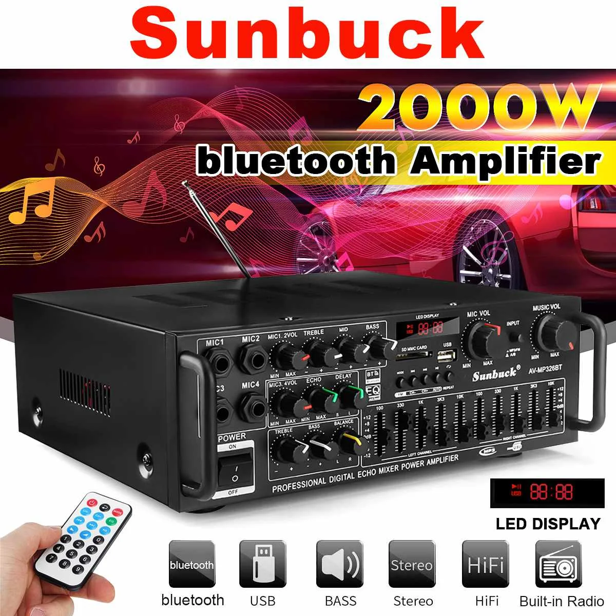 SUNBUCK 2000W 2CH 4ohm bluetooth Stereo Amplifier Wireless Hifi Audio Power Home Karaoke Car Amp USB EQ 4 MIC |