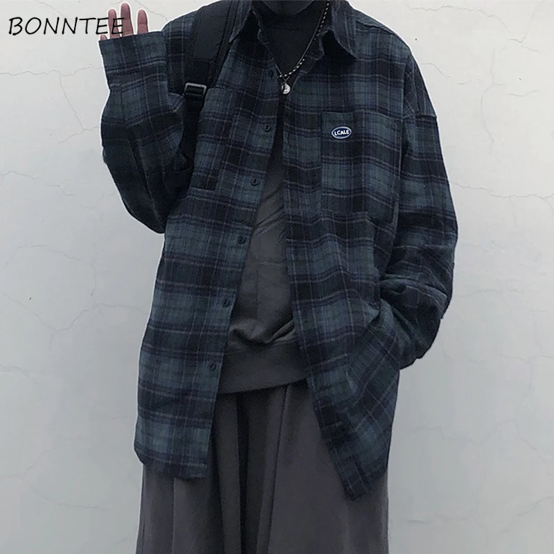 

Shirts Women Plaid Pockets Single Breasted Vintage Harajuku Leisure Chic Baggy Trendy Fashion All-match Cozy College Female Top