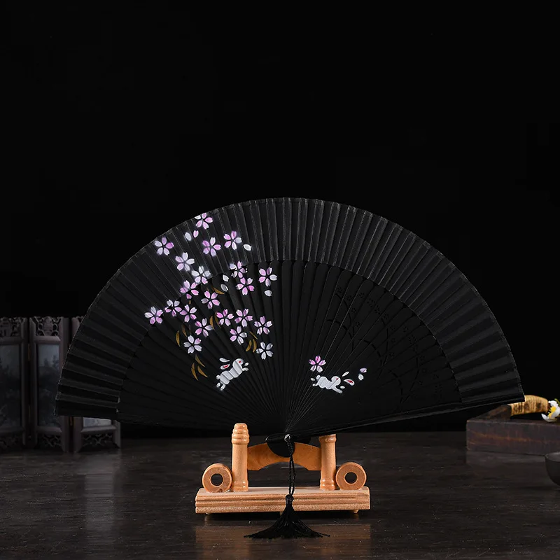 

Chinese fan ancient wind folding fan Japanese cherry blossom rabbit fan classical craft gift silk fan fold fans bamboo fan