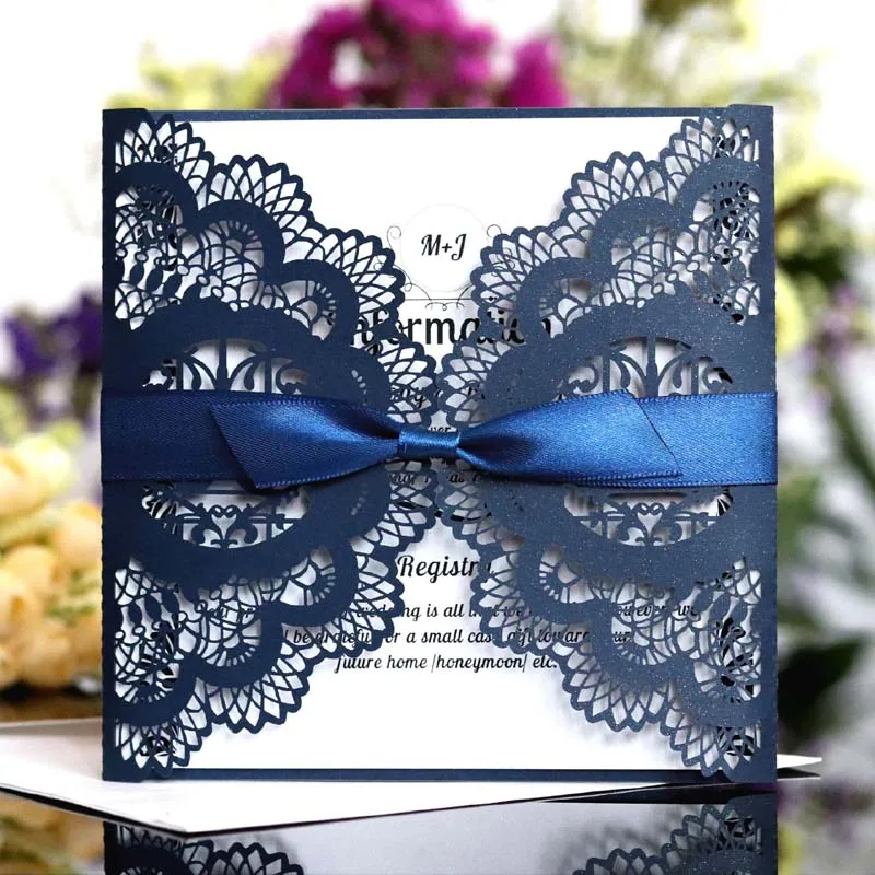 Navy blue 100 шт./лот) Лазерная резка Любовь Птица блестящий зеленый настроить печать свадебные приглашения карты светоотражающее Свадебное приглашение IC115G - Цвет: Navy blue