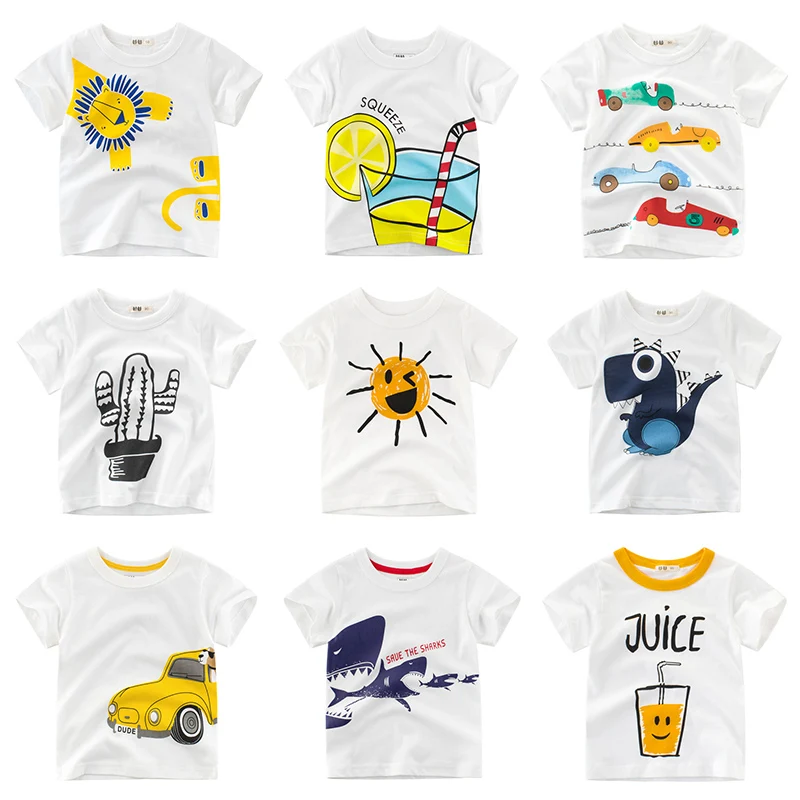 

White T Shirt Boys Kids Girls Children Tops Clothing Cotton Cartoon Toddler Clothes Short Sleeves Tee Summer Infant 2-8 Years