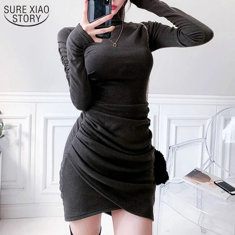 

Cotton Drees Women Korean Pleated Dress Fashion Turtleneck Irregular Velvet Dress Slim Fit Short Dresses Vestidos Feminino 12704