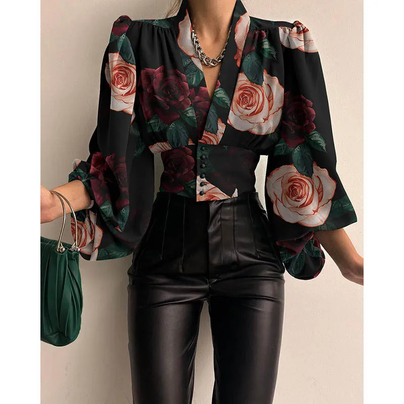 

Long Sleeve Top women shirts Slim Buttoned V-neck Lantern Blouses Shirt Spring Autumn Fashion Vintage Office Ladies Tops 2022