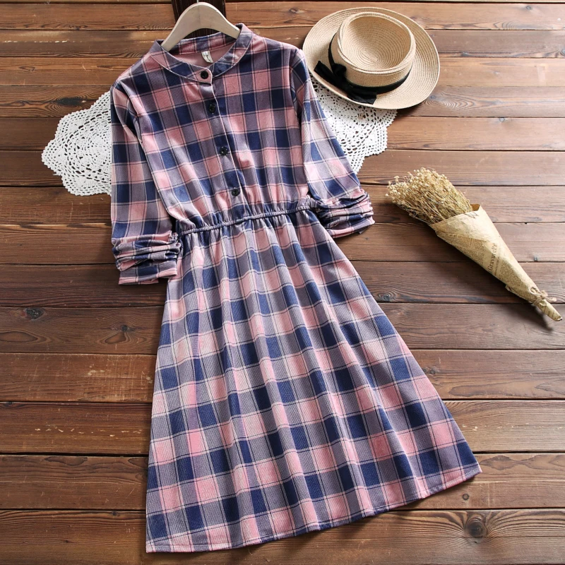 Японский Мори девушка зимнее платье женский длинный рукав проверенный плед