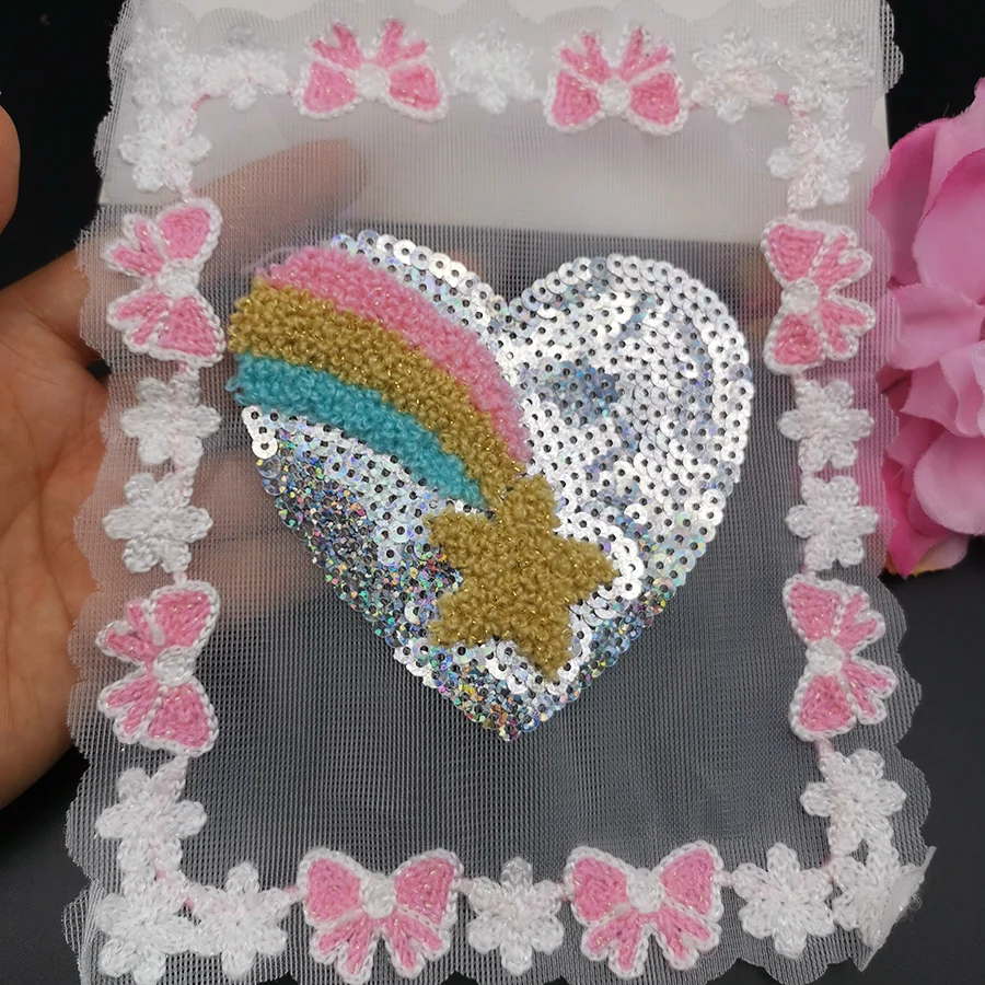 Embroidered Heart Rainbow Knotted Cloth Sticker Fashion Women's T-shirt Show Decoration Applique