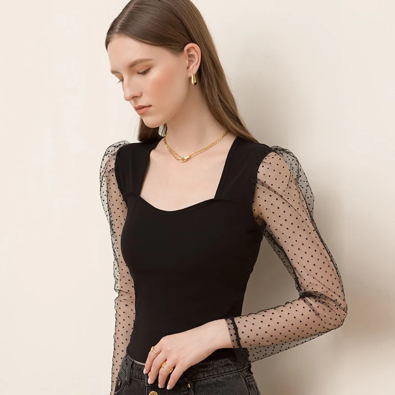 

New Fashion Square Neck Puff Sleeve Short Blouse Solid Color Mesh Cotton Long-sleeved Bottoming Shirt For Women