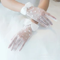 2021 new simple short spring summer mesh thin section gloves artificial pearl bow new wedding dress bride glove
