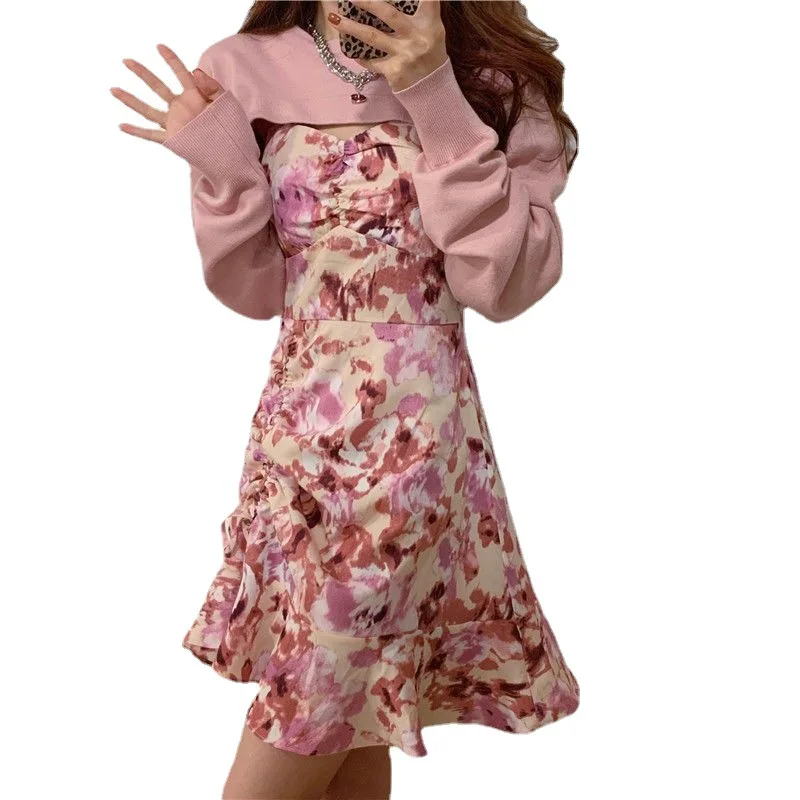 

2021 Summer Korean Style Fashion Sweet Print New Sling Girl Dress Sexy Head-set Suit Girl