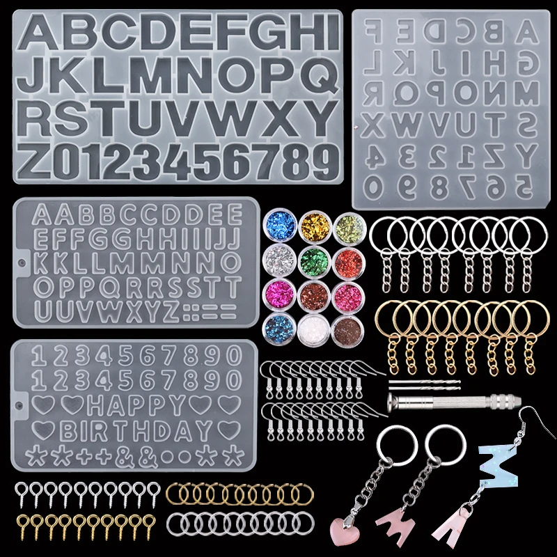 Kit de moldes de silicona del alfabeto, accesorios con forma de letras y números para hacer llaveros y colgantes, de resina epoxi, joyería DIY