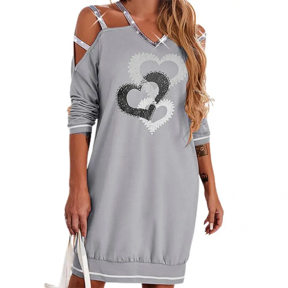 

Loose Women Casual Dress Heart Print Hollow Out V Neck Long Sleeve Spring Autumn Ladies Knee Length Dresses Vestidos