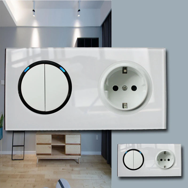 

146 Type 2 gang 2 way Crystal Tempered Pure Glass Panel 13a Double Eu Germany Standard Wall Power Socket Grounded white