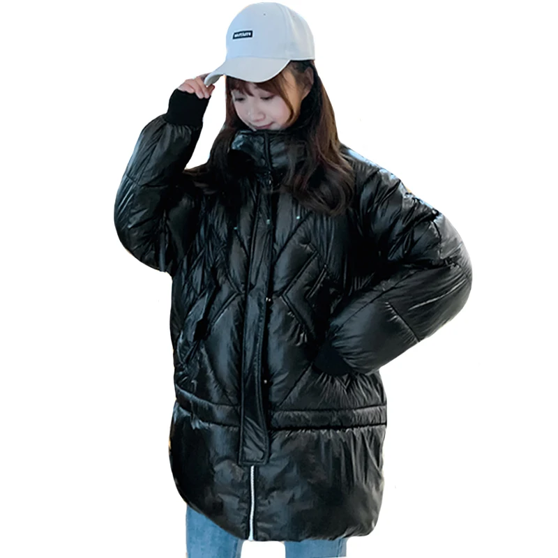 2019 модная блестящая тканевая женская зимняя куртка с капюшоном свободная