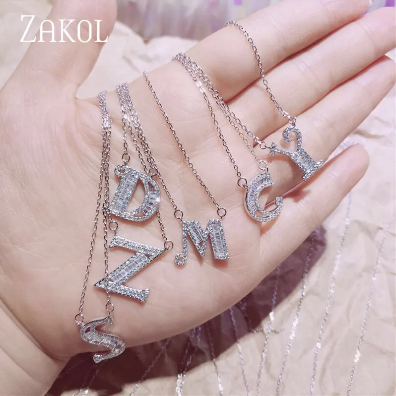 ZAKOL New Fashion AAA Cubic Zirconia Alphabet 26 Letters Pendant Necklaces for Lady Women Jewelry Christmas Gifts FSNP2053 | Украшения и