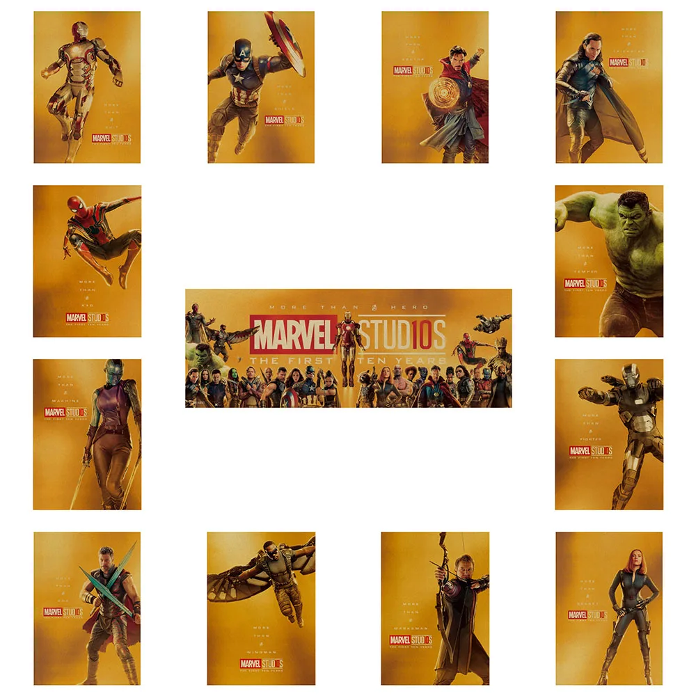 

35X51CM Marvel's 10th Anniversary Retro Kraft Paper Poster Iron Man Spiderman Captain America Avengers Wall Sticker Home Decor