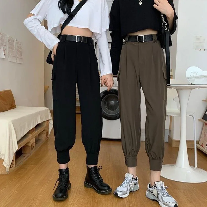 

Spring Big Pocket Straight Women Cargo Pants High Waist Joggers Casual Female Ankle-Length Pant Streetwear Solid Ladies Bottom