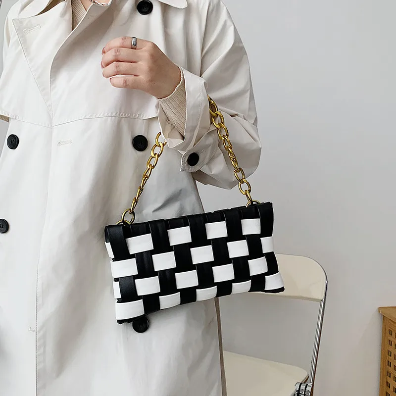 Color Contrast Weave Small Cute PU Leather Crossbody Bags for Women 2021 Simple Branded Luxury Gold Chain Shoulder Handbags
